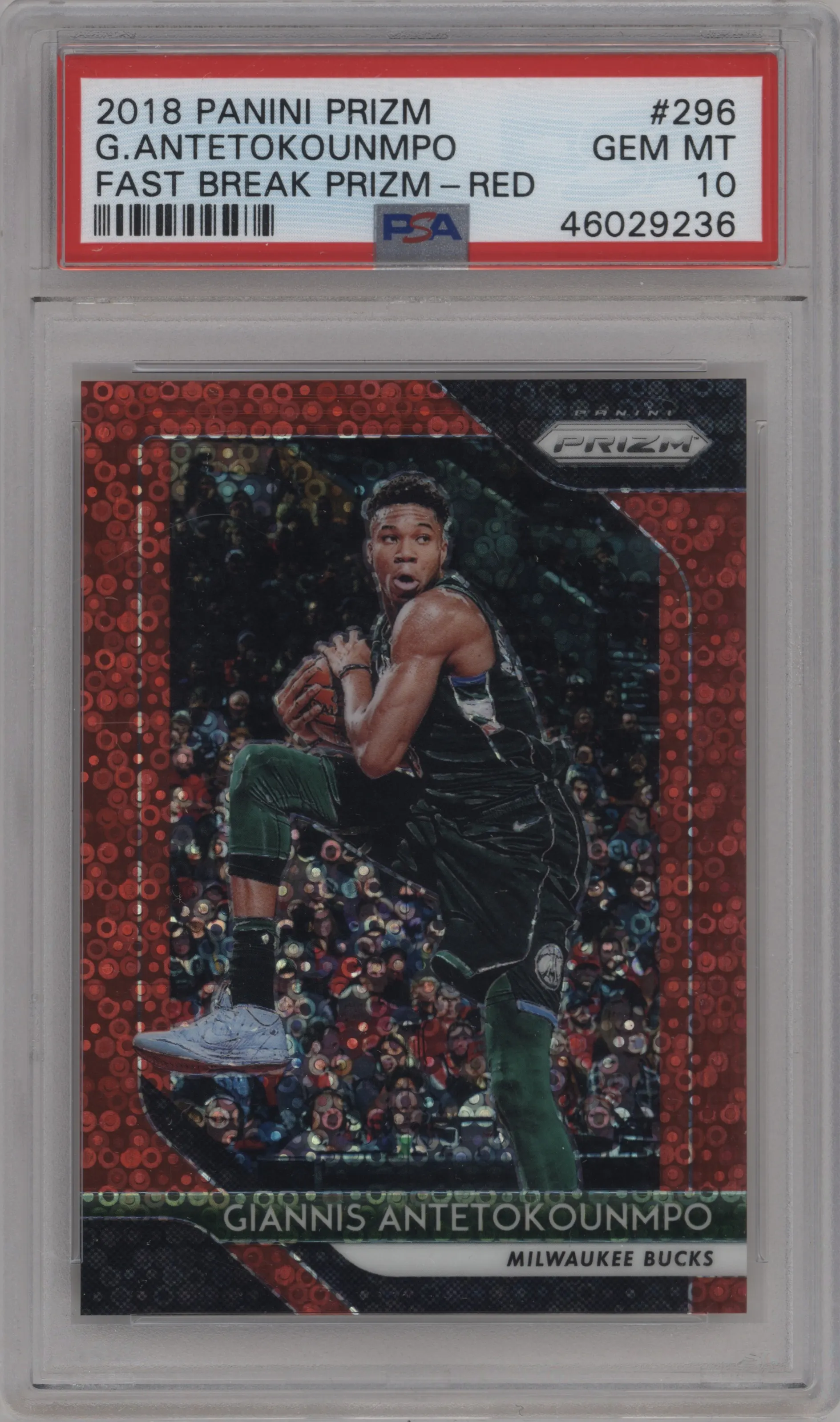 2018 Panini Prizm Giannis Antetokounmpo Fast Break Red #296 PSA 10