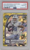 Omarion Hampton	 from the 2024 Bowman University Chrome Sapphire set featuring a Yellow parallel graded by PSA and given an overall grade of 10.