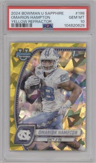 Omarion Hampton	 from the 2024 Bowman University Chrome Sapphire set featuring a Yellow parallel graded by PSA and given an overall grade of 10.