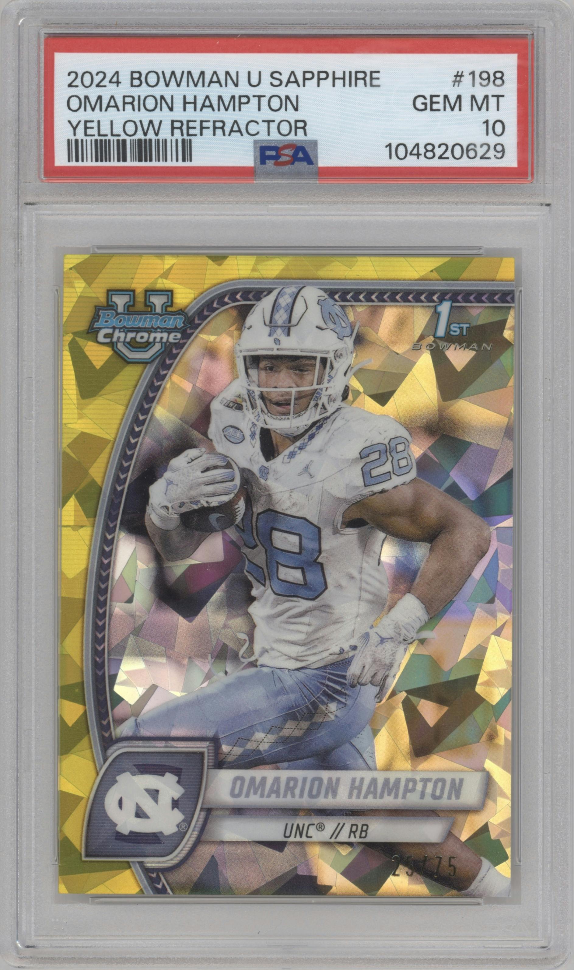 Omarion Hampton	 from the 2024 Bowman University Chrome Sapphire set featuring a Yellow parallel graded by PSA and given an overall grade of 10.