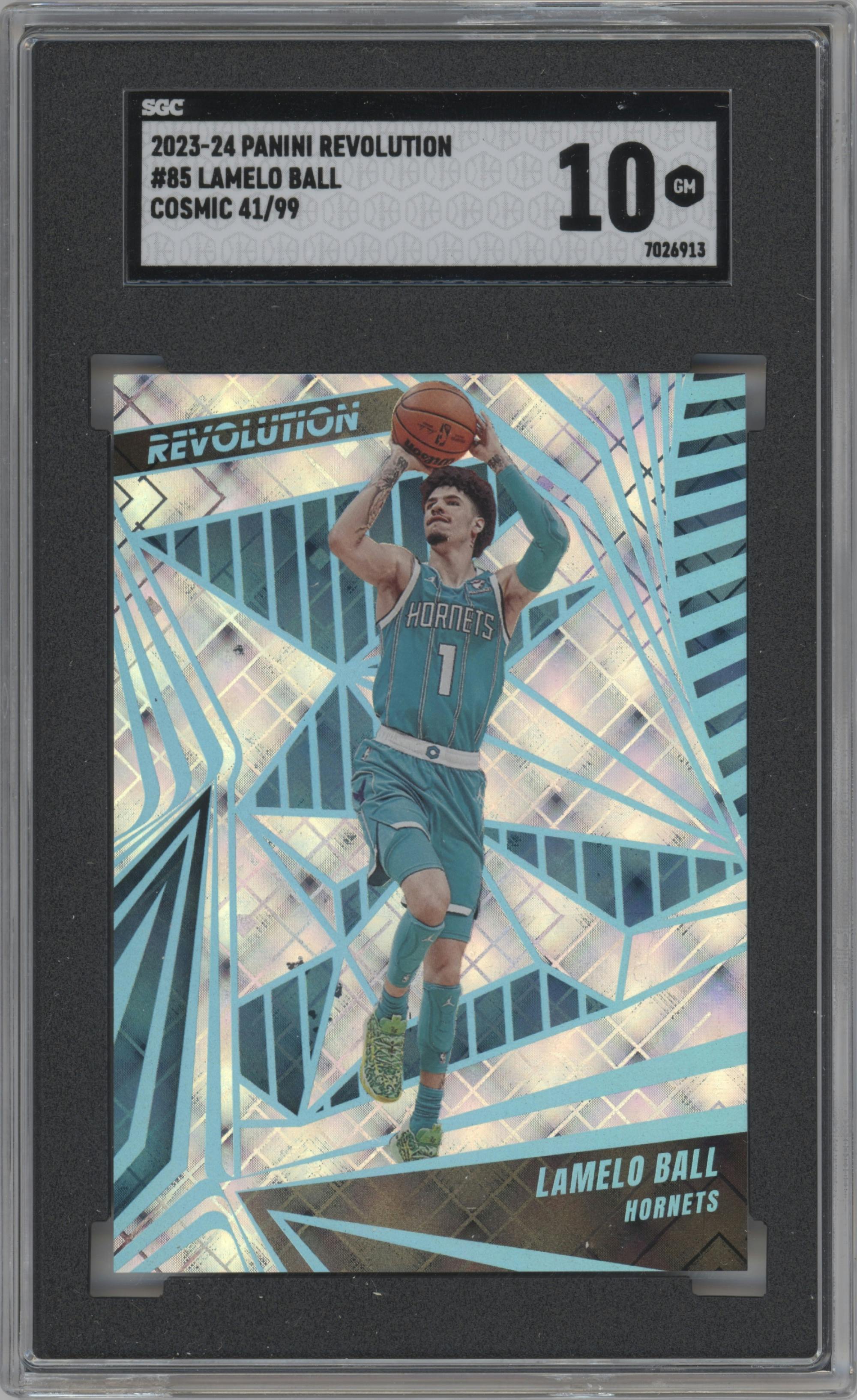 LaMelo Ball from the 2023-24 Panini Revolution set featuring a Cosmic parallel graded by SGC and given an overall grade of 10.