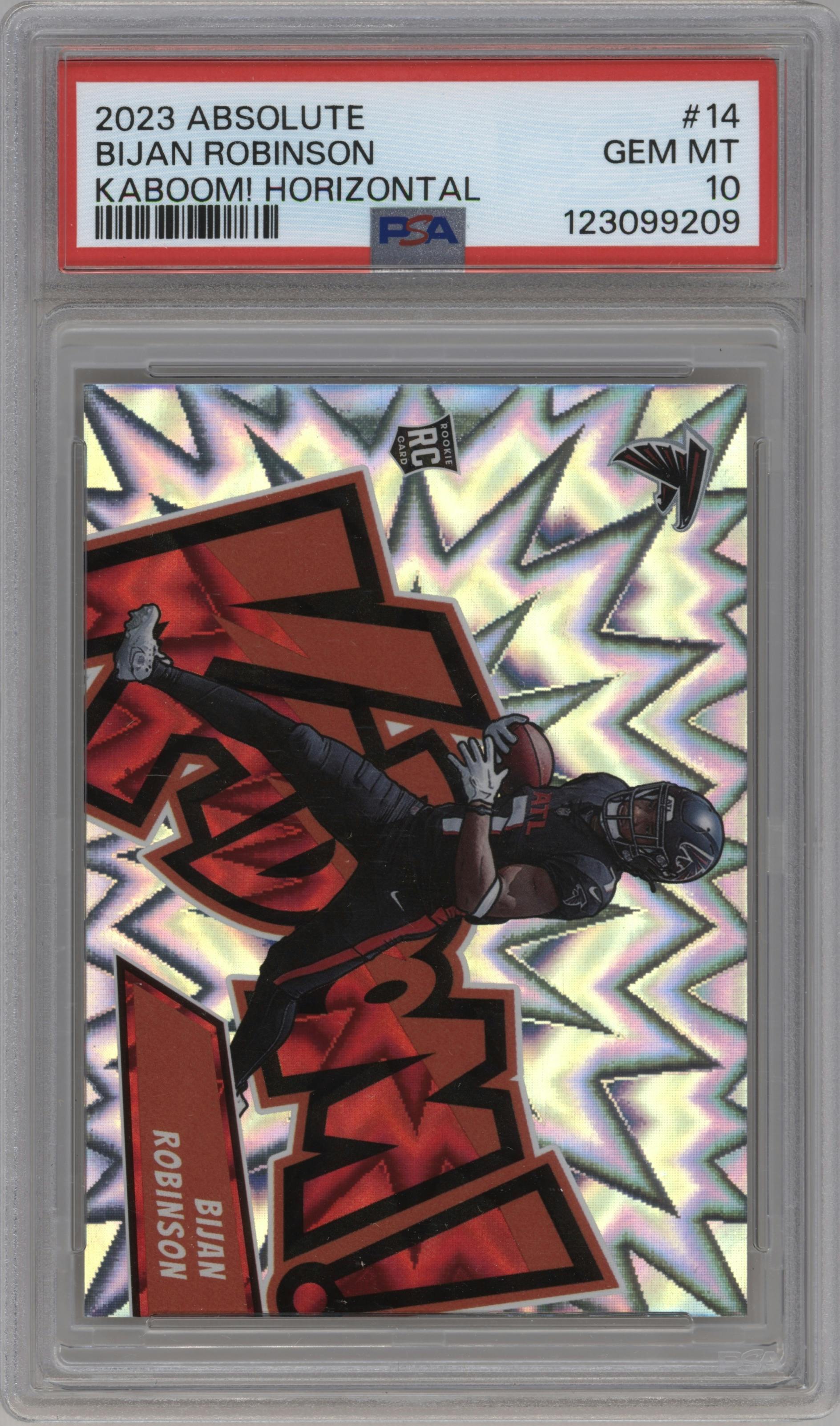 Bijan Robinson from the 2023 Panini Absolute set graded by PSA and given an overall grade of 10.