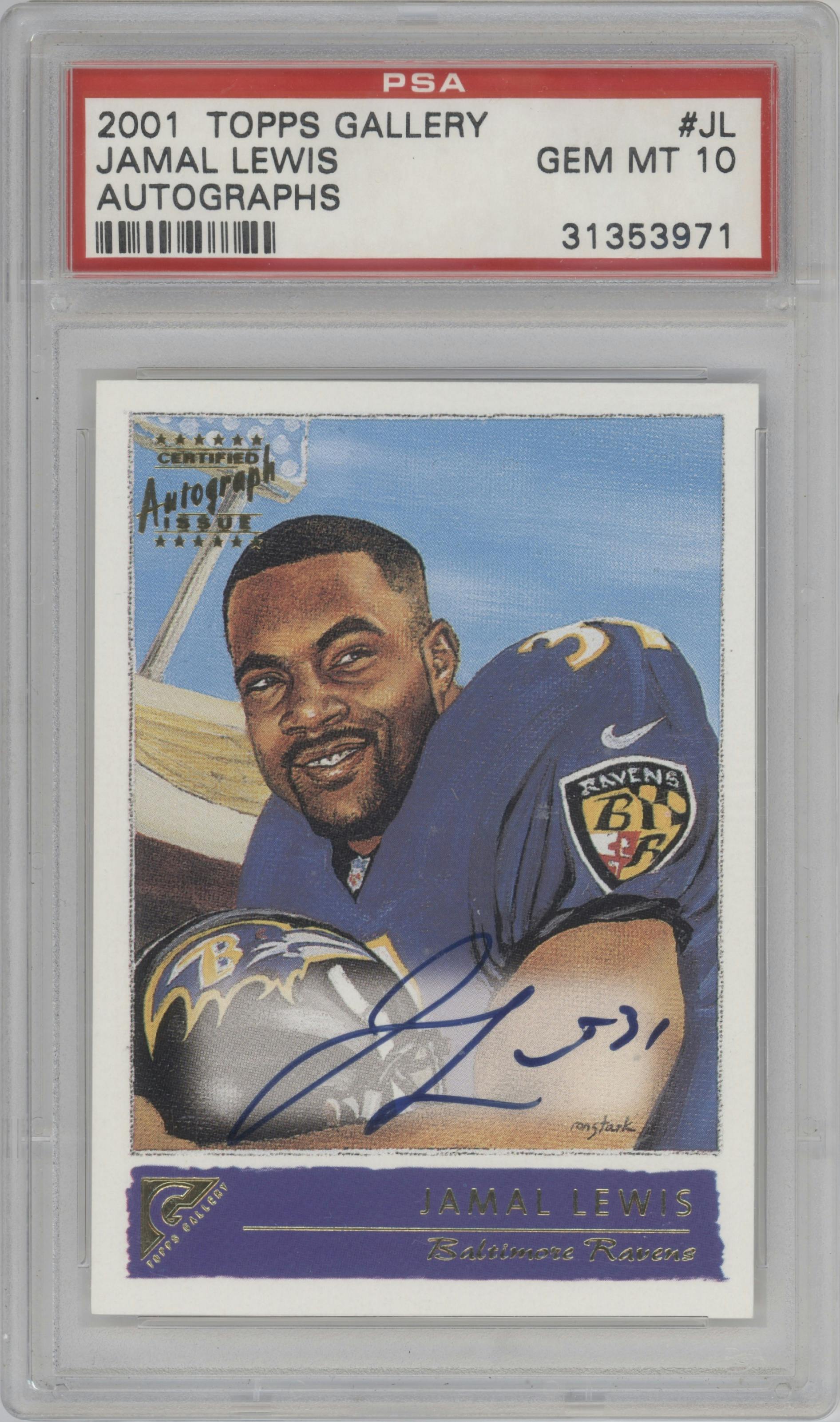 Jamal Lewis from the 2001 Topps Gallery set graded by PSA and given an overall grade of 10.