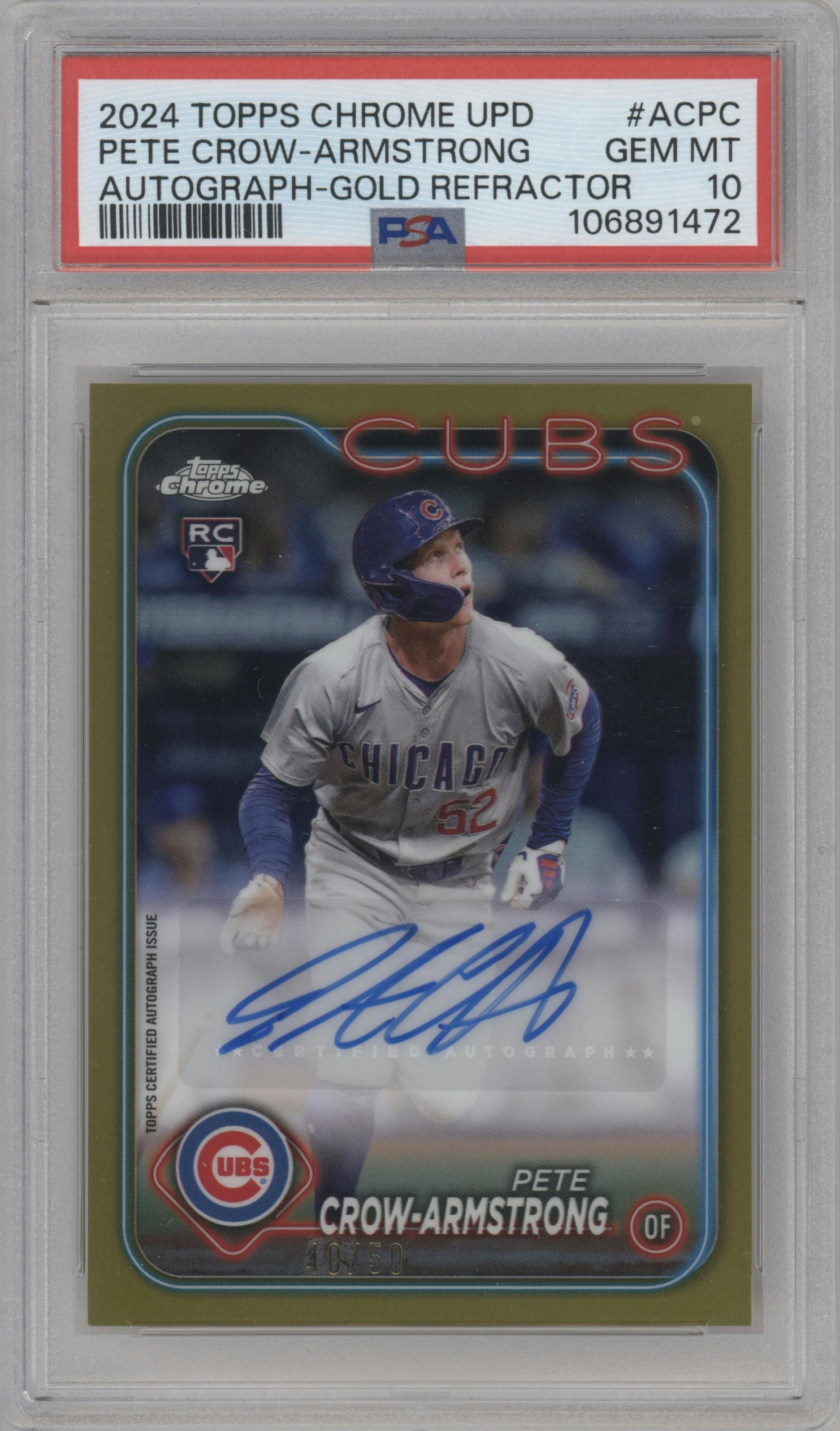Pete Crow-Armstrong from the 2024 Topps Chrome Update set featuring a Gold Refractor parallel graded by PSA and given an overall grade of 10.