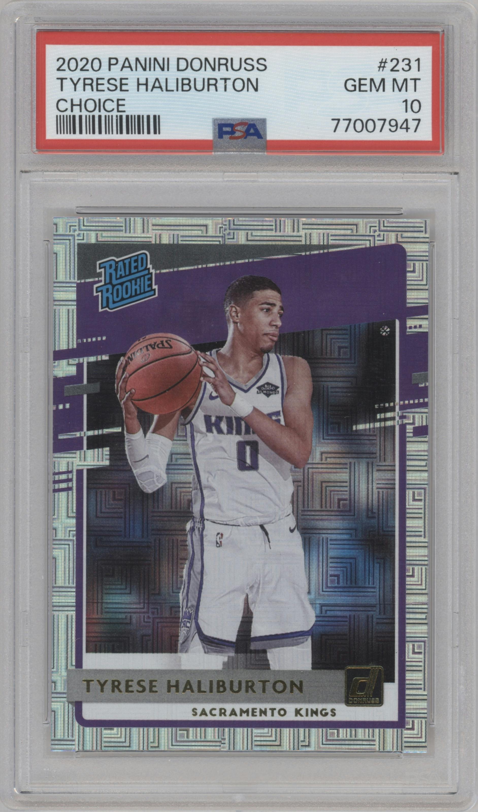 Tyrese Haliburton from the 2020-21 Panini Donruss set featuring a Choice parallel graded by PSA and given an overall grade of 10.