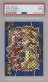 Brock Purdy from the 2022 Panini Select set featuring a Blue Prizm parallel graded by PSA and given an overall grade of 9.