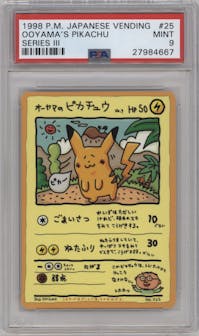 Ooyama's Pikachu from the 1998 Pokemon Vending Machine JPN set graded by PSA and given an overall grade of 9.