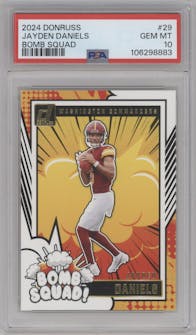 Jayden Daniels from the 2024 Donruss set graded by PSA and given an overall grade of 10.