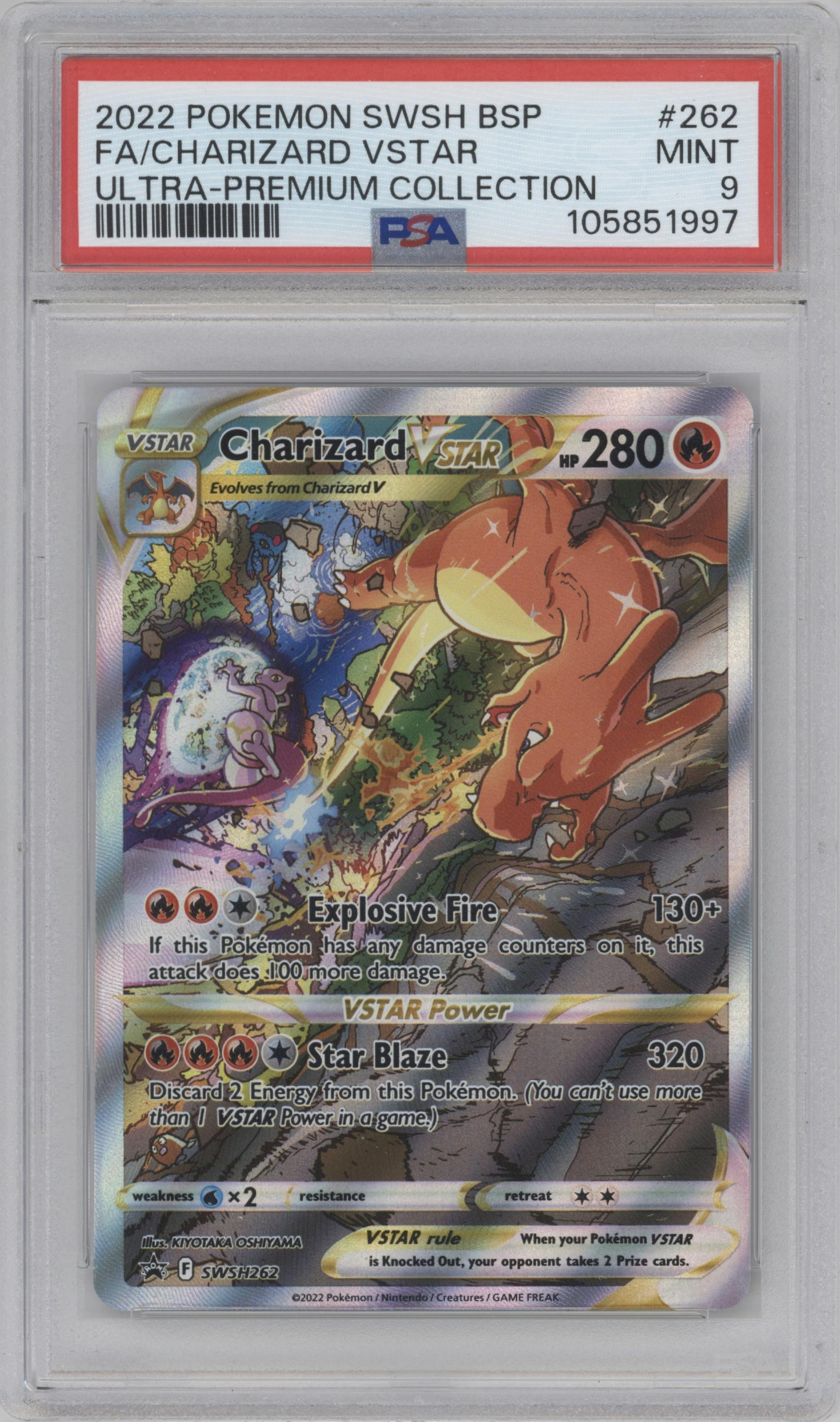 Charizard VSTAR from the 2022 Pokemon SWSH set featuring a Ultra Premium Collection parallel graded by PSA and given an overall grade of 9.