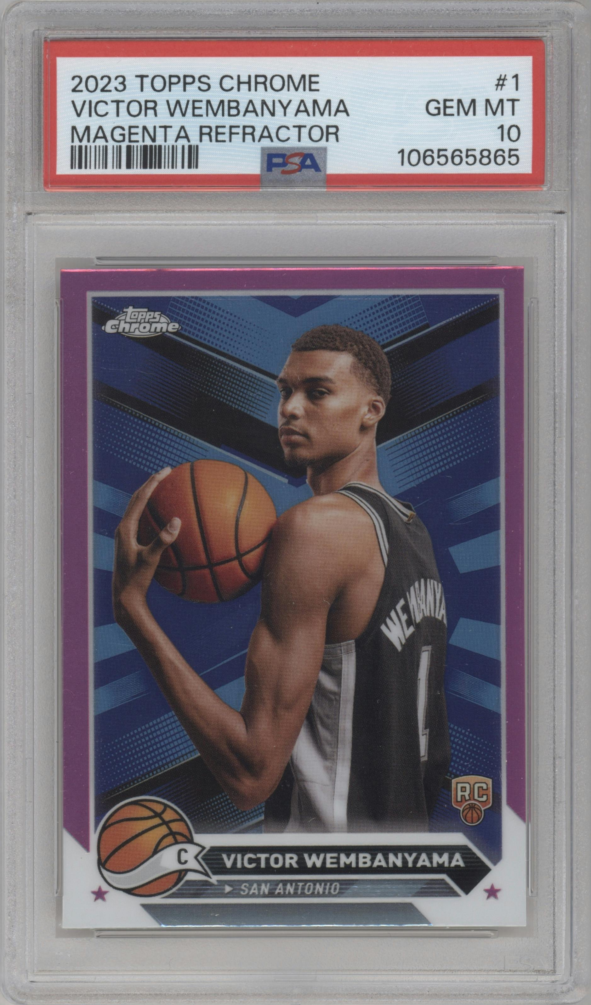 Victor Wembanyama from the 2023-24 Topps Chrome set featuring a Magenta Refractor parallel graded by PSA and given an overall grade of 10.
