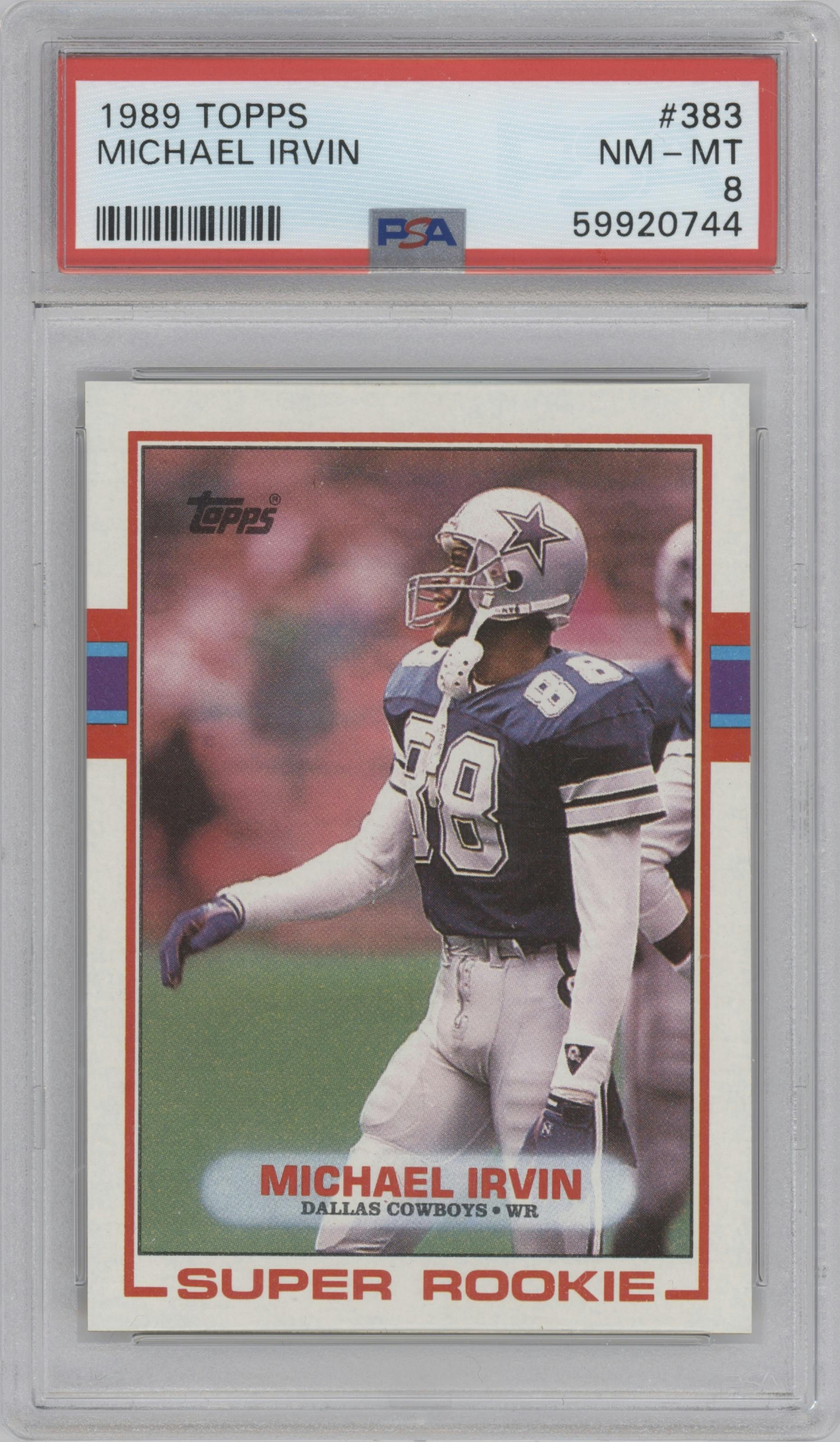 Michael Irvin from the 1989 Topps  set graded by PSA and given an overall grade of 8.