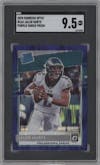 Jalen Hurts from the 2020 Panini Donruss Optic set featuring a Purple Shock parallel graded by SGC and given an overall grade of 9.5.