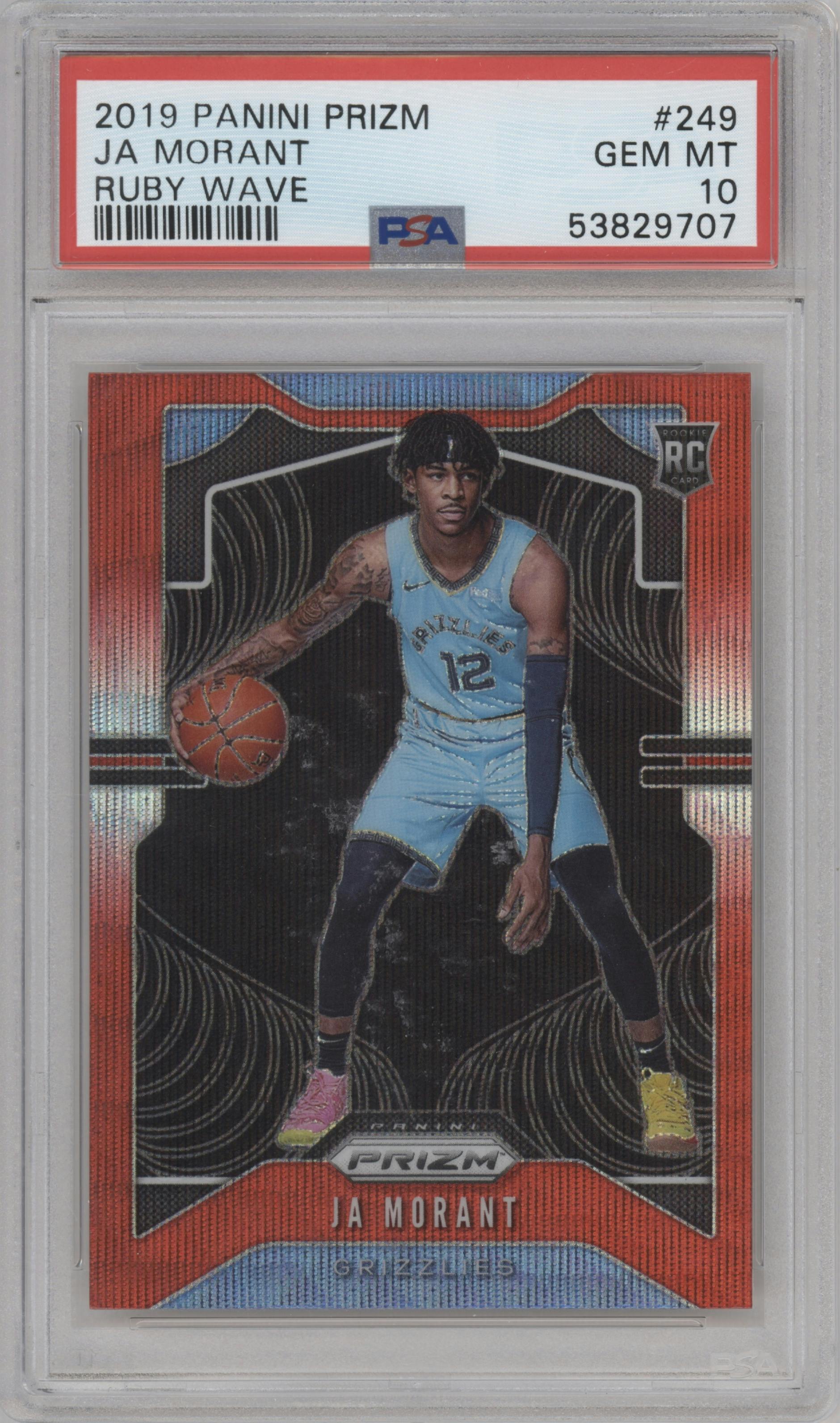 Ja Morant from the 2019-20 Panini Prizm set featuring a Ruby Wave parallel graded by PSA and given an overall grade of 10.