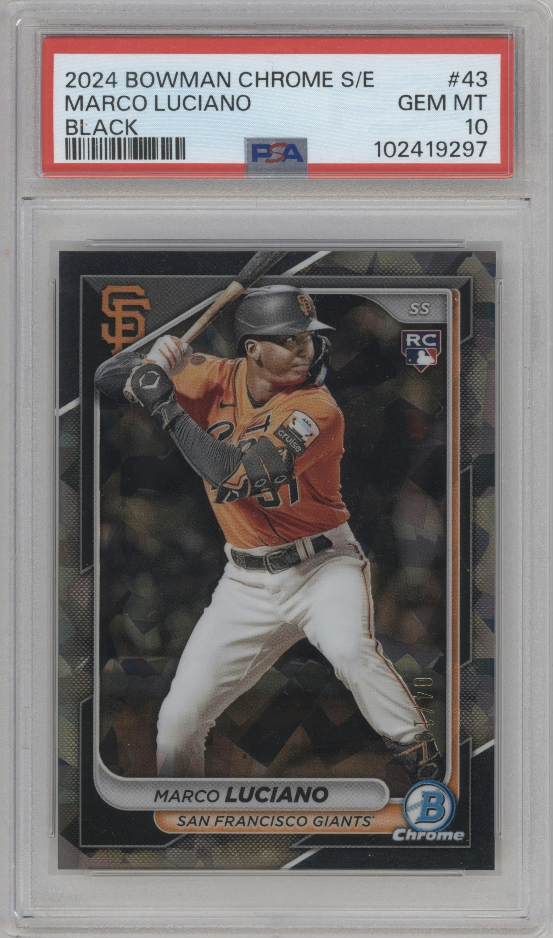 Marco Luciano from the 2024 Bowman Chrome Sapphire set featuring a Black parallel graded by PSA and given an overall grade of 10.