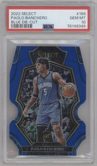 Paolo Banchero from the 2022-23 Panini Select set featuring a Die-Cut Blue parallel graded by PSA and given an overall grade of 10.