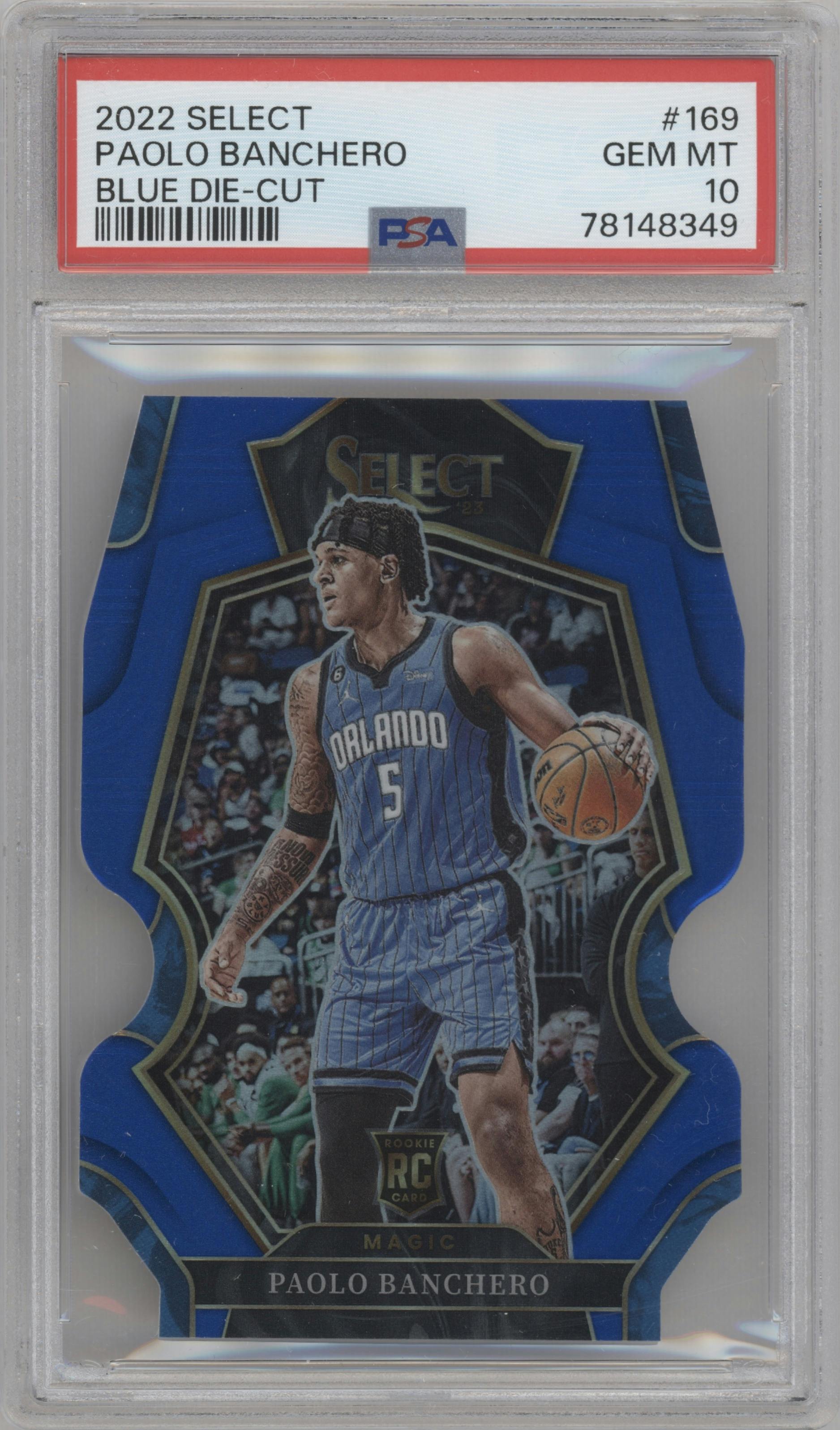 Paolo Banchero from the 2022-23 Panini Select set featuring a Die-Cut Blue parallel graded by PSA and given an overall grade of 10.