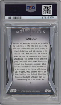 Han Solo from the 2021 Topps Star Wars Masterwork  set featuring a Gold parallel graded by PSA and given an overall grade of 9.