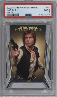Han Solo from the 2021 Topps Star Wars Masterwork  set featuring a Gold parallel graded by PSA and given an overall grade of 9.