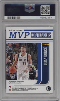 Luka Doncic from the 2019-20 Panini Contenders set featuring a Bronze parallel graded by PSA and given an overall grade of 9.