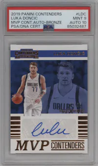 Luka Doncic from the 2019-20 Panini Contenders set featuring a Bronze parallel graded by PSA and given an overall grade of 9.