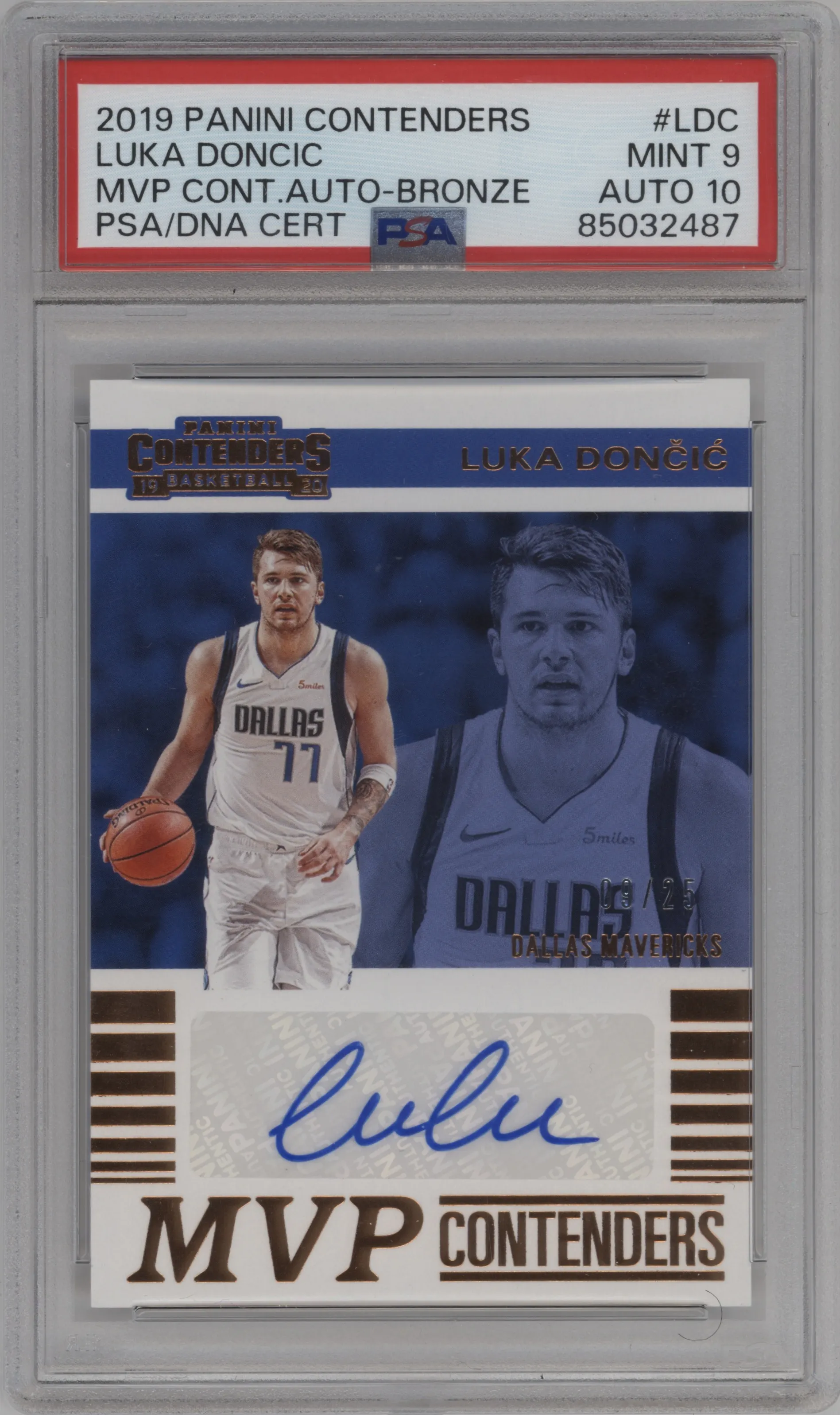Luka Doncic from the 2019-20 Panini Contenders set featuring a Bronze parallel graded by PSA and given an overall grade of 9.