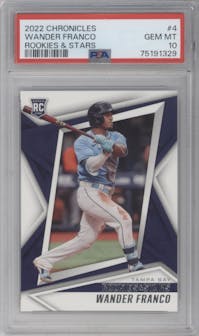 Wander Franco from the 2022 Panini Chronicles set graded by PSA and given an overall grade of 10.