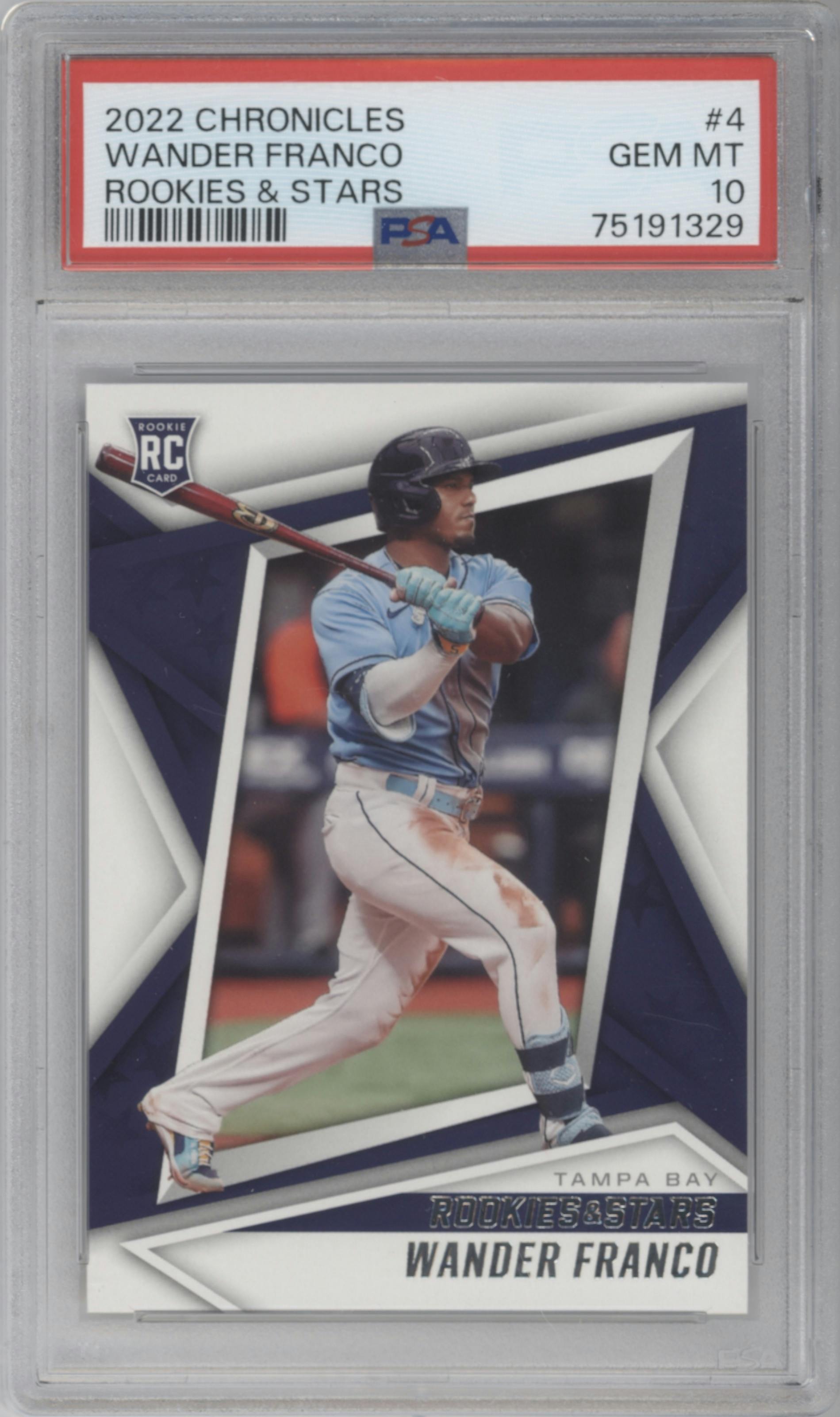 Wander Franco from the 2022 Panini Chronicles set graded by PSA and given an overall grade of 10.