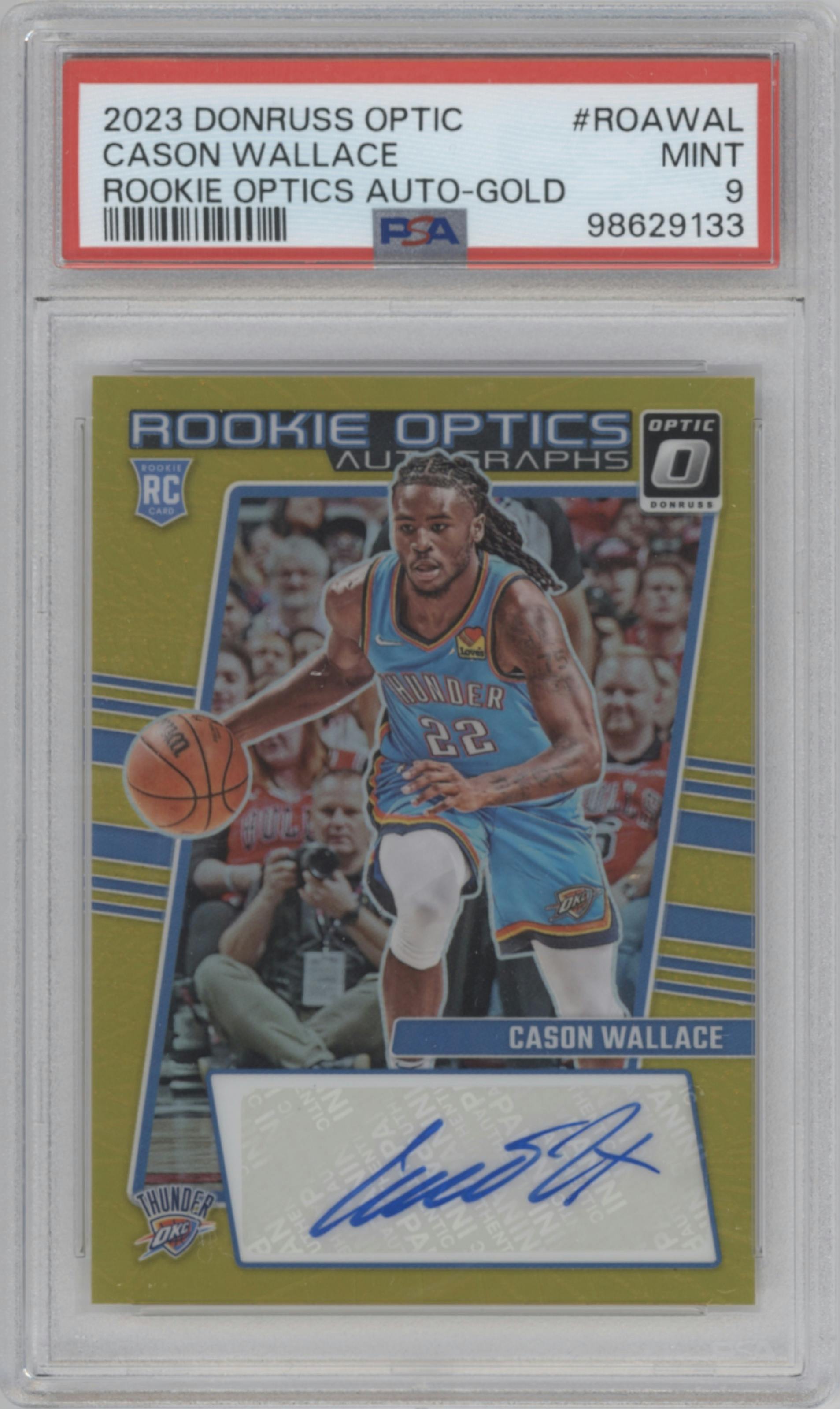 Cason Wallace from the 2023-24 Donruss Optic set featuring a Gold parallel graded by PSA and given an overall grade of 9.