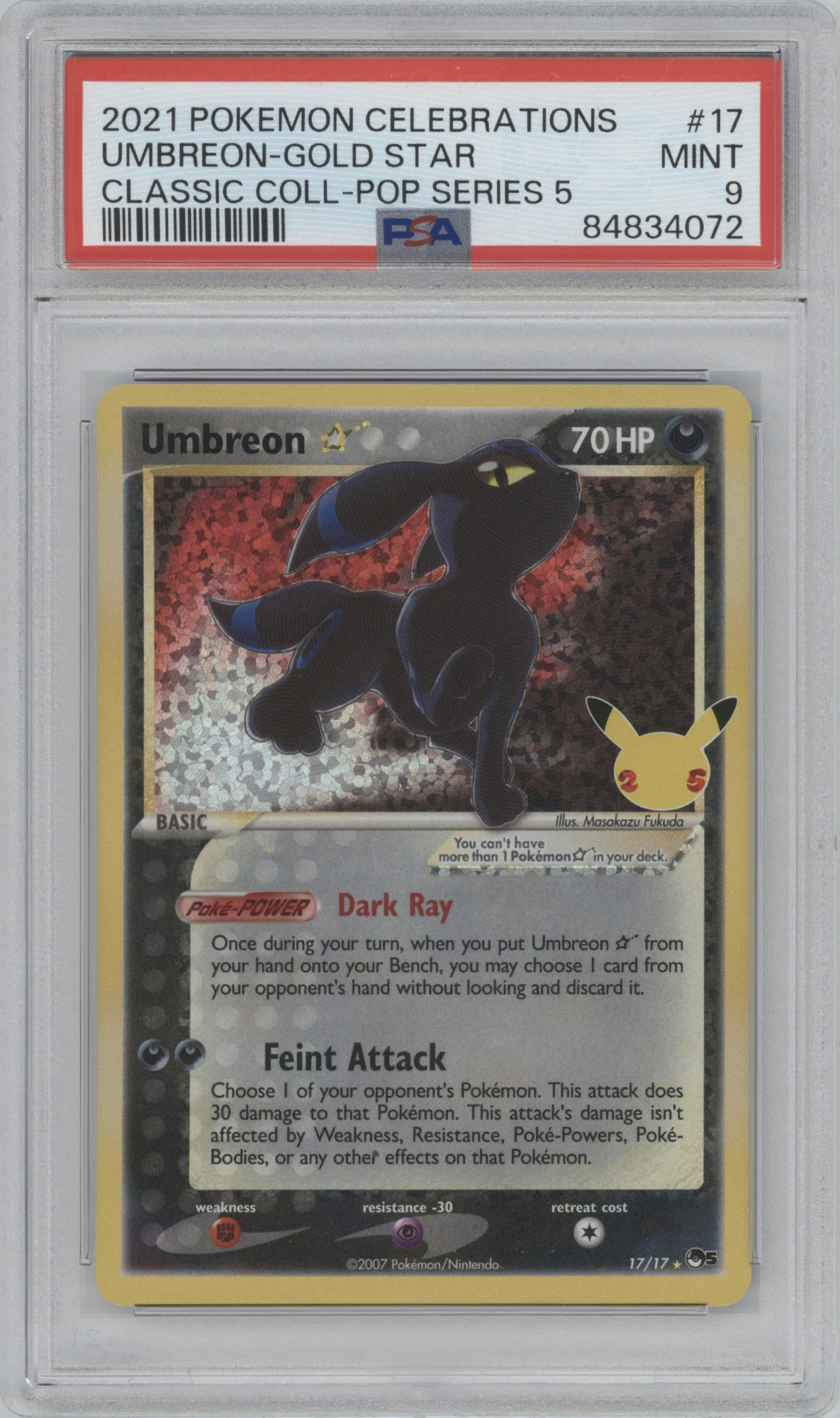 Umbreon from the 2021 Pokemon SWSH set graded by PSA and given an overall grade of 9.