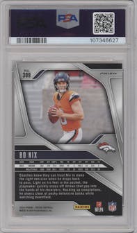 Bo Nix from the 2024 Panini Prizm set featuring a Lazer Prizm parallel graded by PSA and given an overall grade of 9.