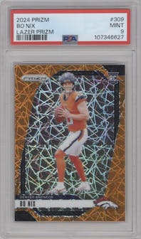 Bo Nix from the 2024 Panini Prizm set featuring a Lazer Prizm parallel graded by PSA and given an overall grade of 9.