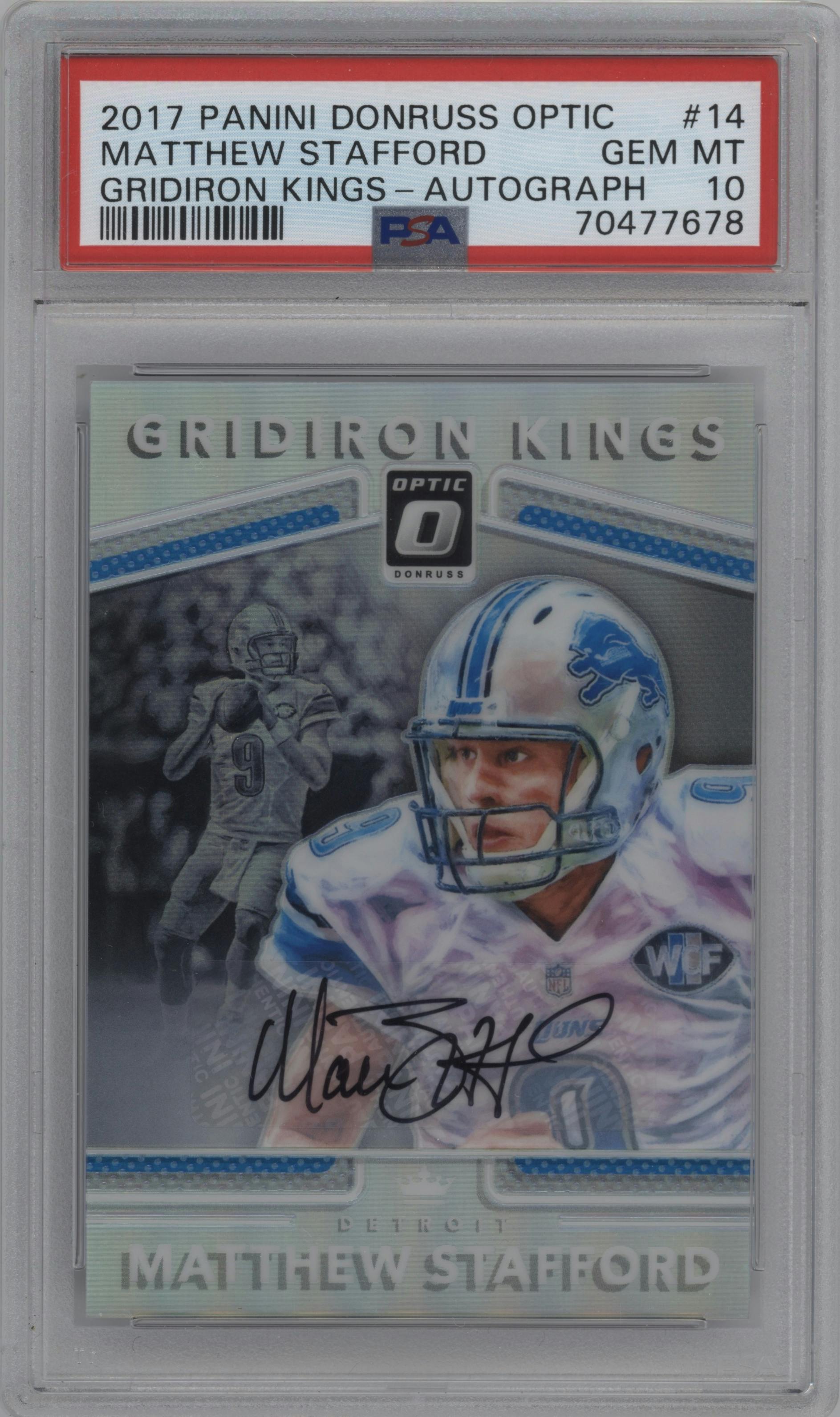 Matthew Stafford from the 2017 Panini Donruss Optic set graded by PSA and given an overall grade of 10.