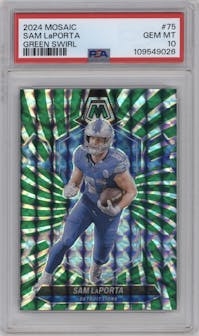 Sam LaPorta from the 2024 Panini Mosaic set featuring a Green Swirl Mosaic parallel graded by PSA and given an overall grade of 10.