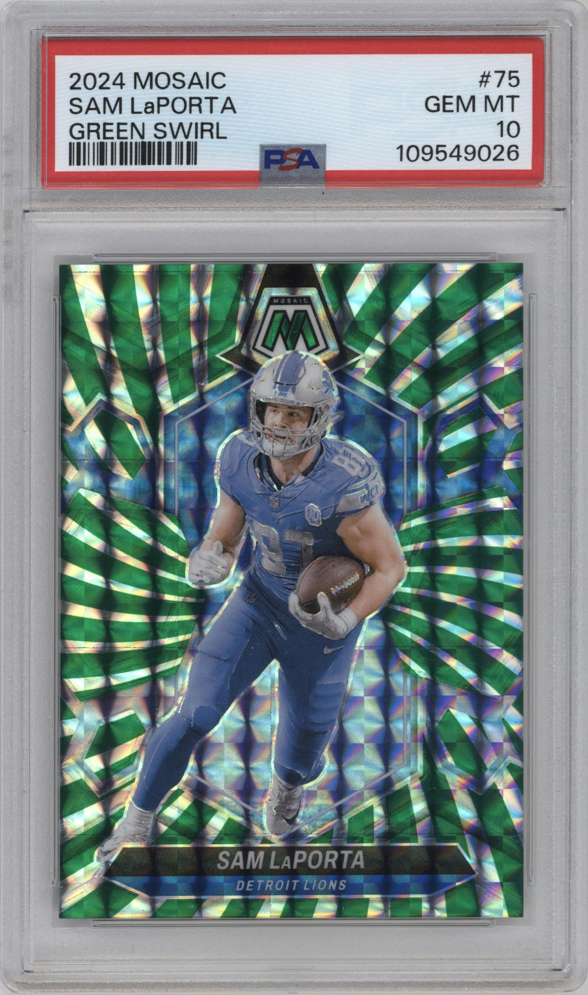 Sam LaPorta from the 2024 Panini Mosaic set featuring a Green Swirl Mosaic parallel graded by PSA and given an overall grade of 10.