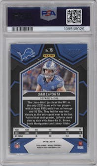 Sam LaPorta from the 2024 Panini Mosaic set featuring a Green Swirl Mosaic parallel graded by PSA and given an overall grade of 10.