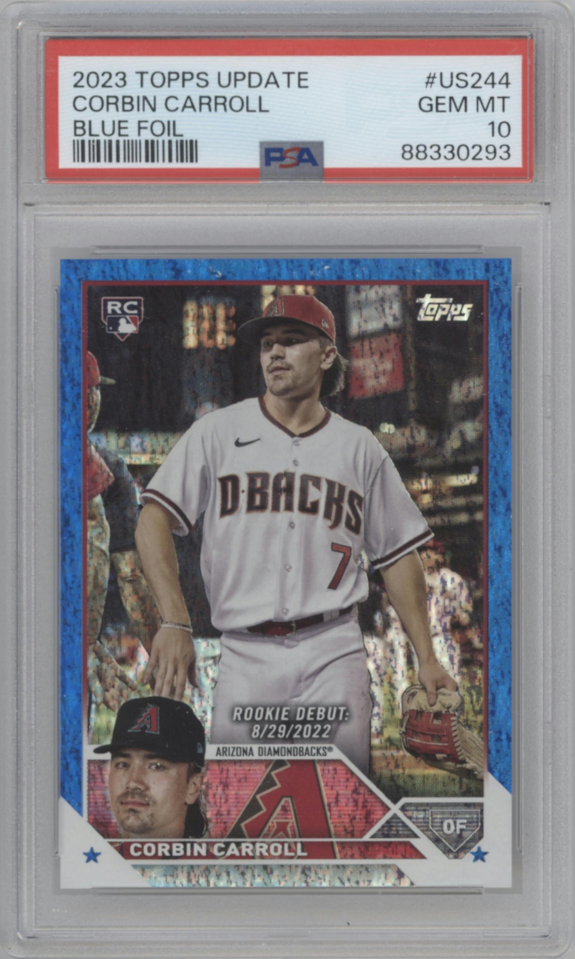  Corbin Carroll from the 2023 Topps Update set featuring a Blue Foil parallel graded by PSA and given an overall grade of 10.