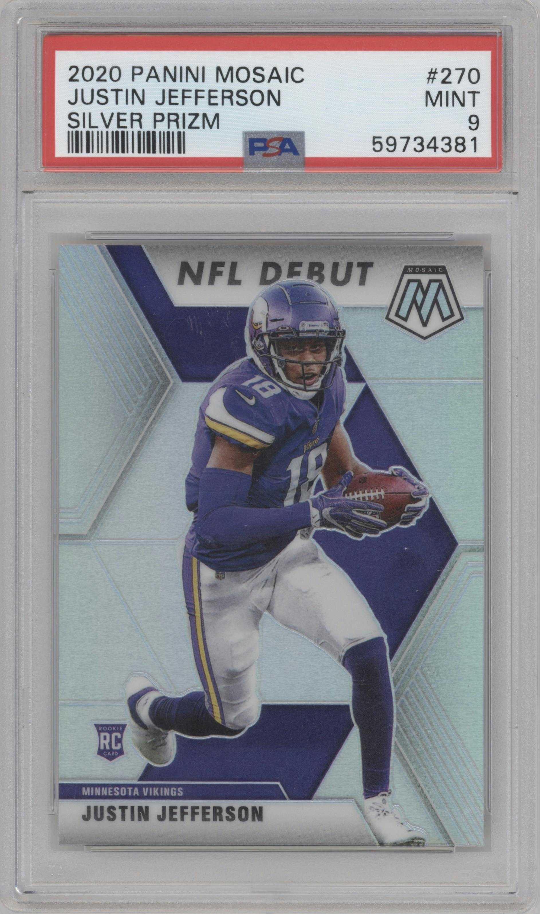 Justin Jefferson from the 2020 Panini Mosaic set featuring a Silver parallel graded by PSA and given an overall grade of 9.