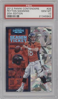 Peyton Manning from the 2012 Panini Contenders set featuring a 20th Edition "Cracked Ice" parallel graded by PSA and given an overall grade of 10.