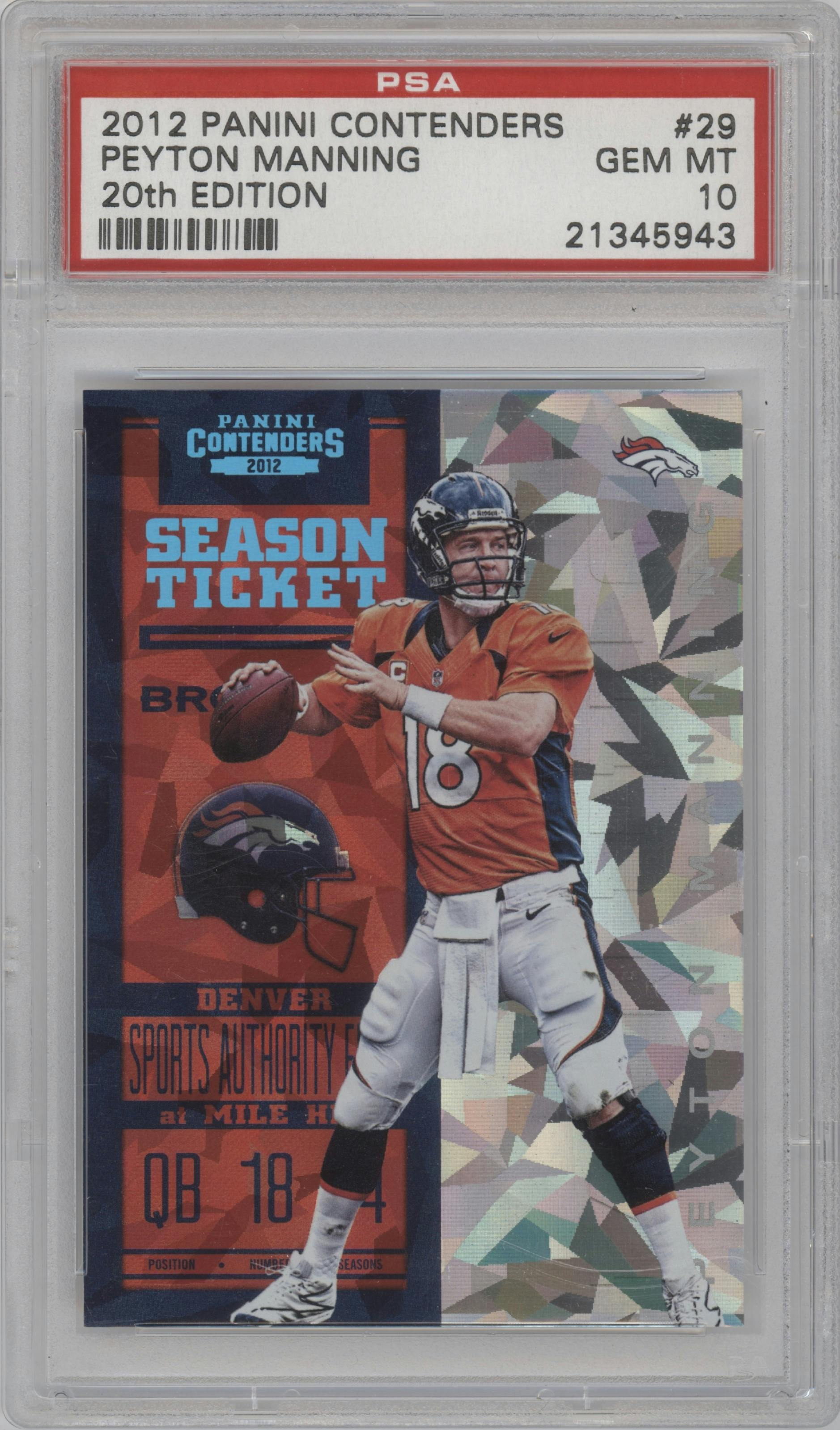 Peyton Manning from the 2012 Panini Contenders set featuring a 20th Edition "Cracked Ice" parallel graded by PSA and given an overall grade of 10.