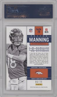 Peyton Manning from the 2012 Panini Contenders set featuring a 20th Edition "Cracked Ice" parallel graded by PSA and given an overall grade of 10.