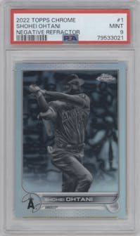 Shohei Ohtani from the 2022 Topps Chrome set featuring a Negative Refractor parallel graded by PSA and given an overall grade of 9.