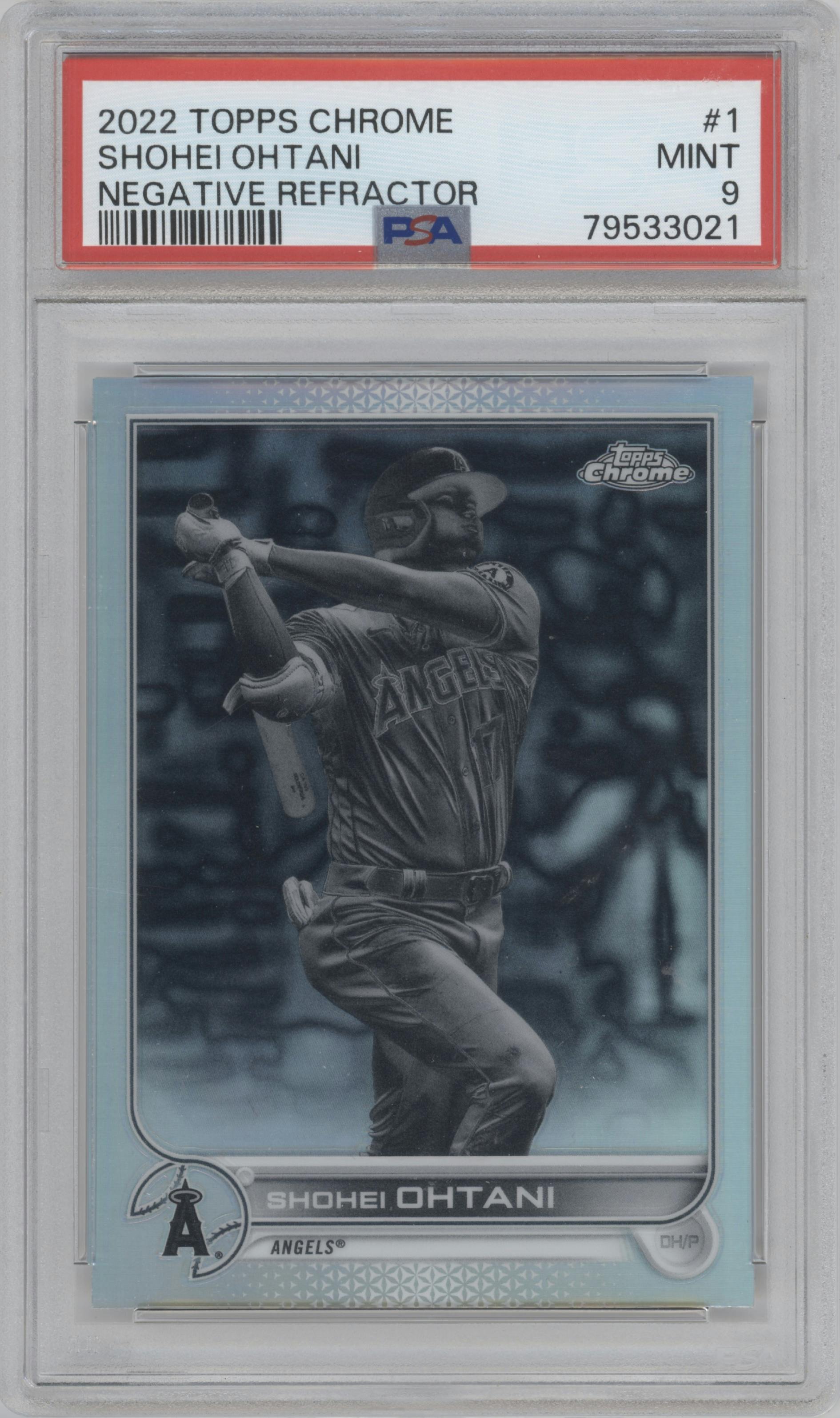 Shohei Ohtani from the 2022 Topps Chrome set featuring a Negative Refractor parallel graded by PSA and given an overall grade of 9.
