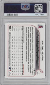 Shohei Ohtani from the 2022 Topps Chrome set featuring a Negative Refractor parallel graded by PSA and given an overall grade of 9.