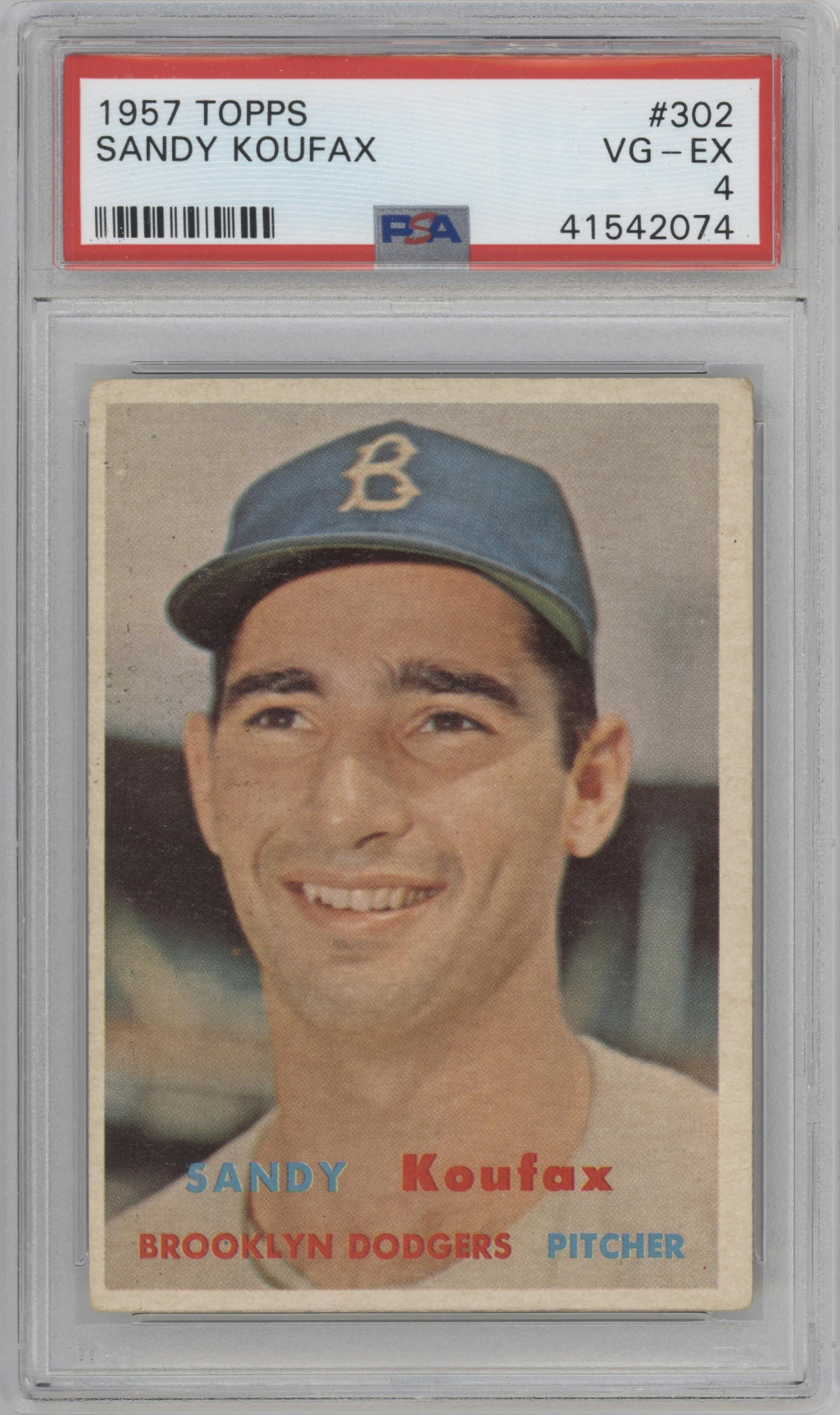 Sandy Koufax from the 1957 Topps set graded by PSA and given an overall grade of 4.