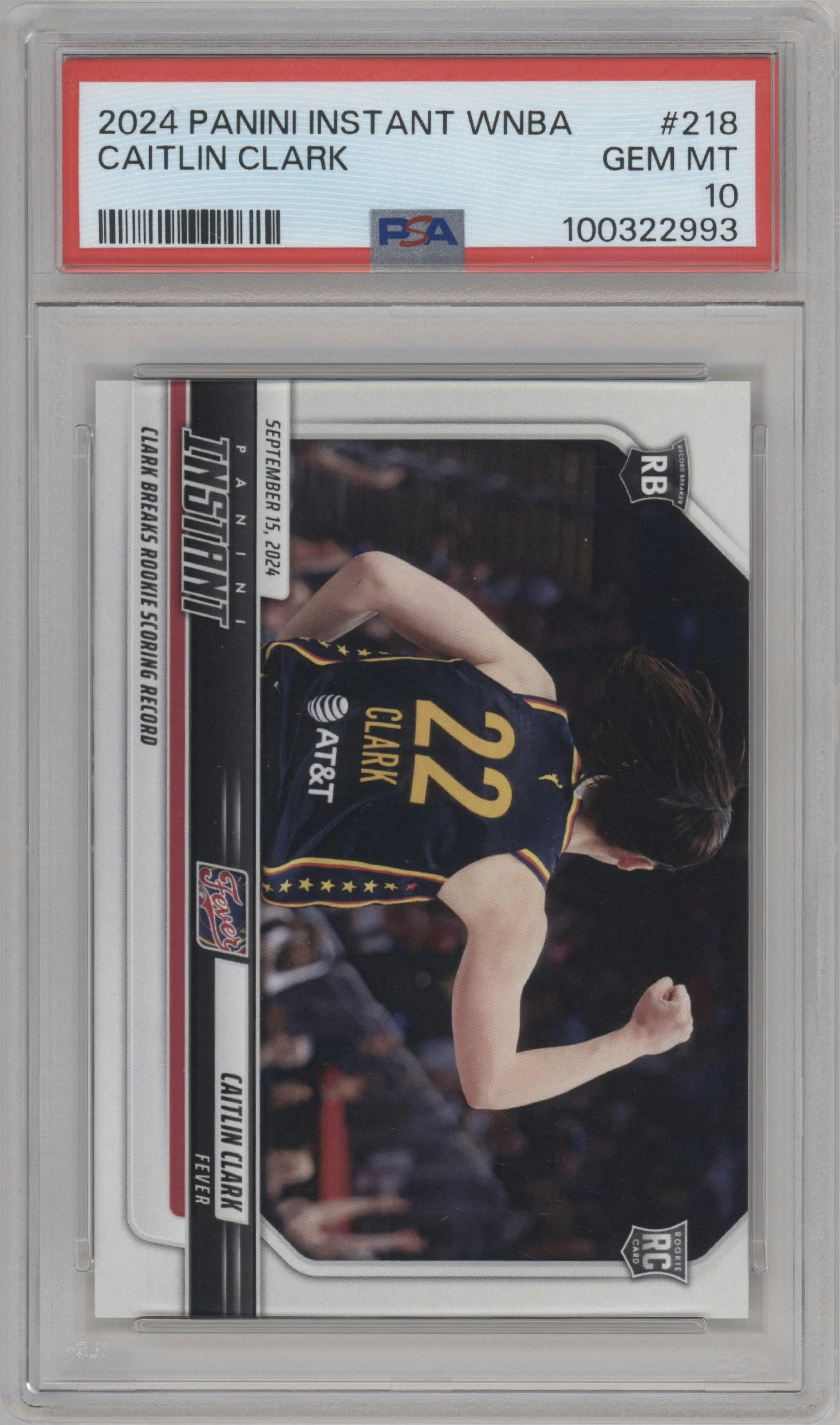 Caitlin Clark from the 2024-25 Panini Instant WNBA set graded by PSA and given an overall grade of 10.