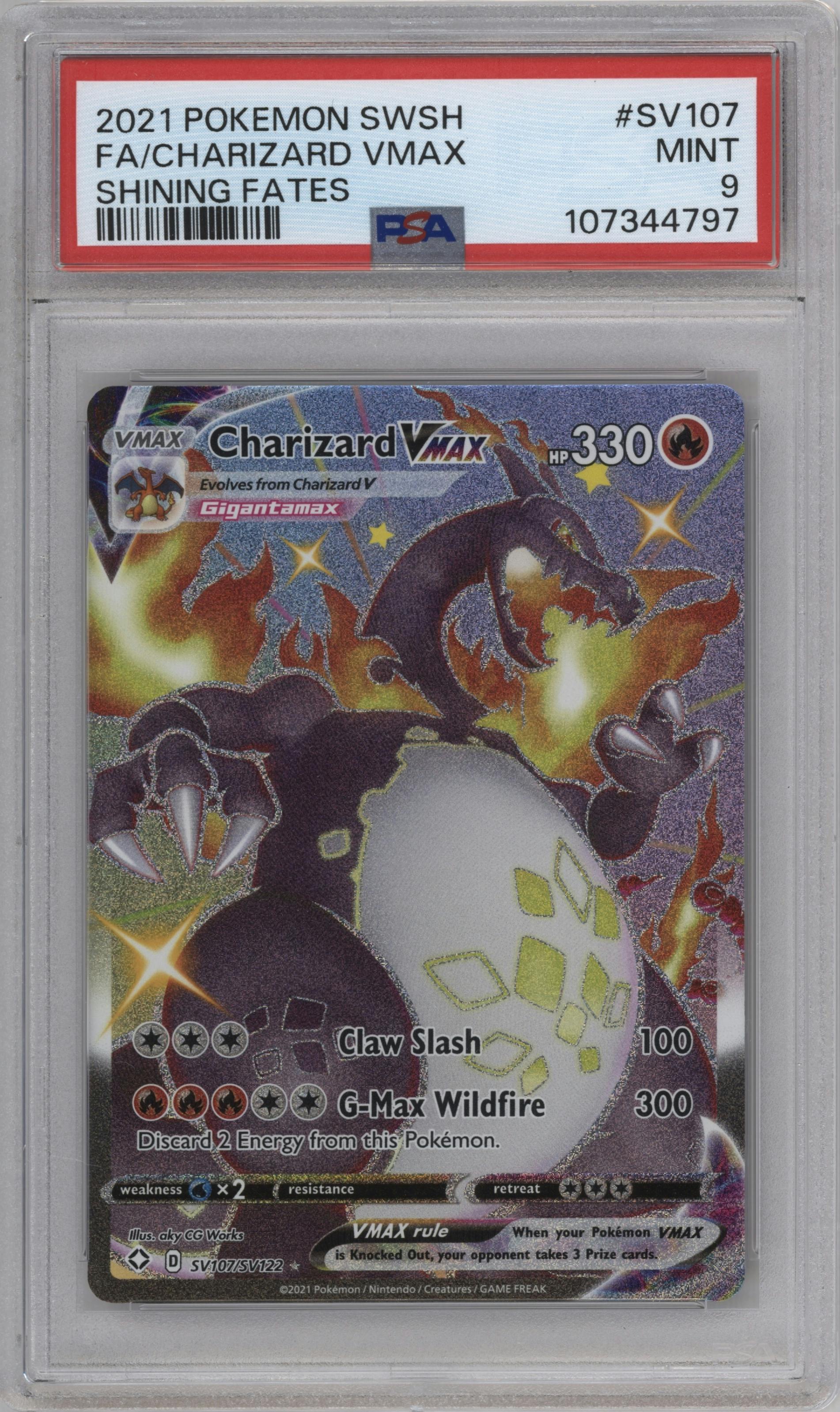 Charizard VMAX  from the 2021 Pokemon SWSH set graded by PSA and given an overall grade of 9.