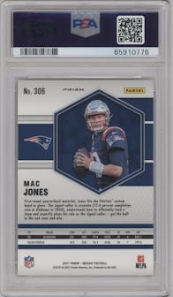 Mac Jones from the 2021 Panini Mosaic set featuring a Reactive Blue parallel graded by PSA and given an overall grade of 10.