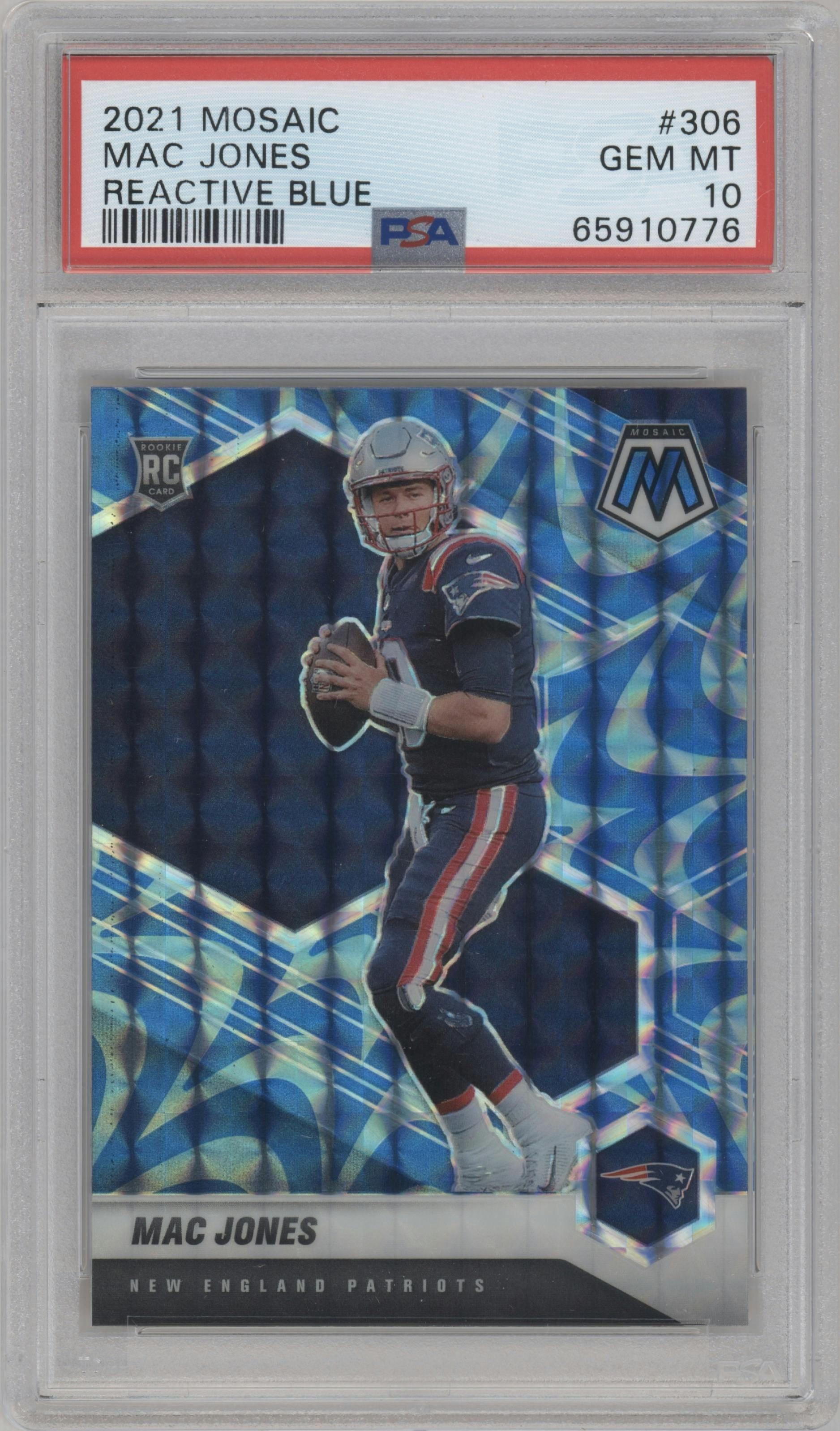 Mac Jones from the 2021 Panini Mosaic set featuring a Reactive Blue parallel graded by PSA and given an overall grade of 10.