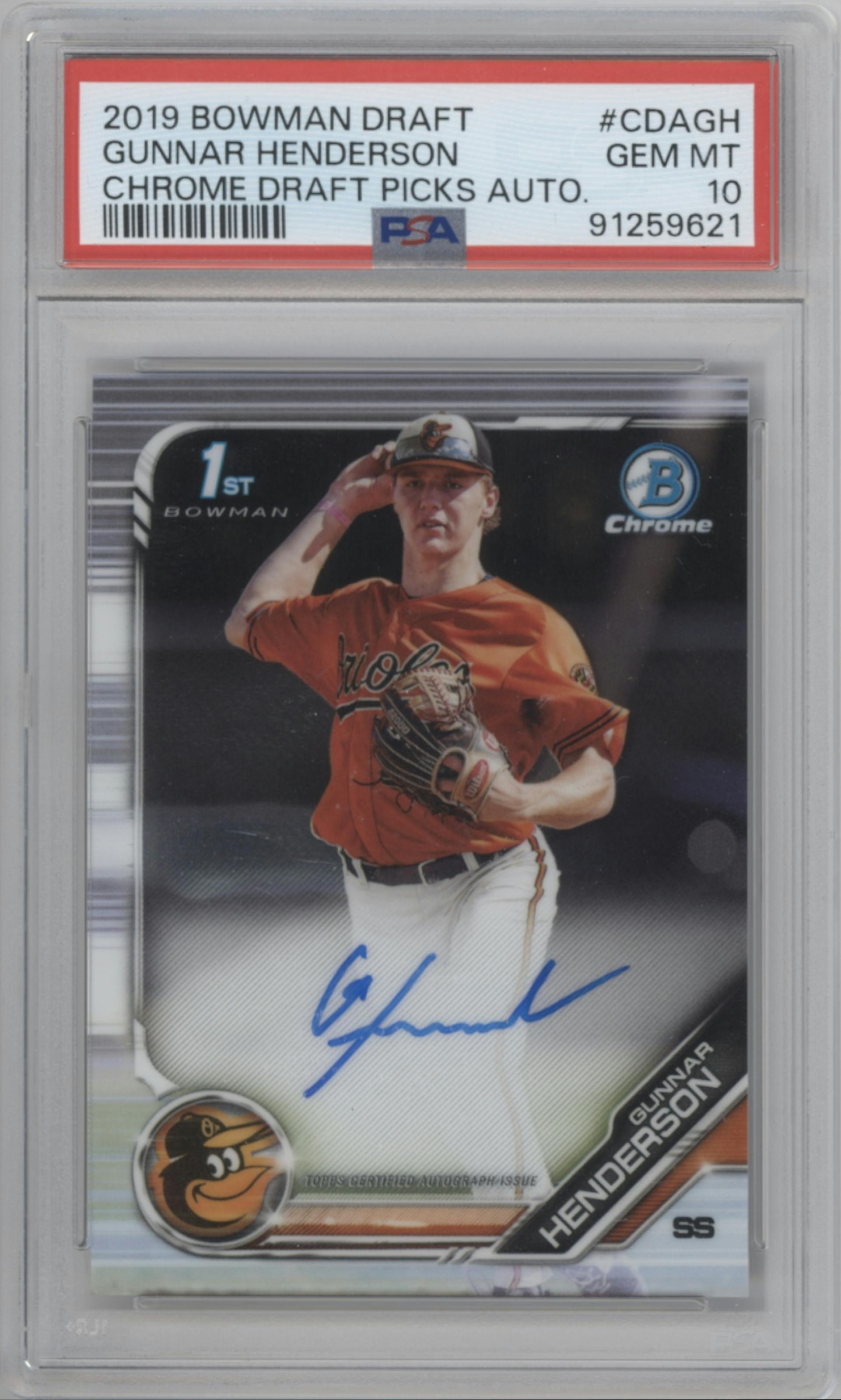 Gunnar Henderson from the 2019 Bowman Draft set graded by PSA and given an overall grade of 10.