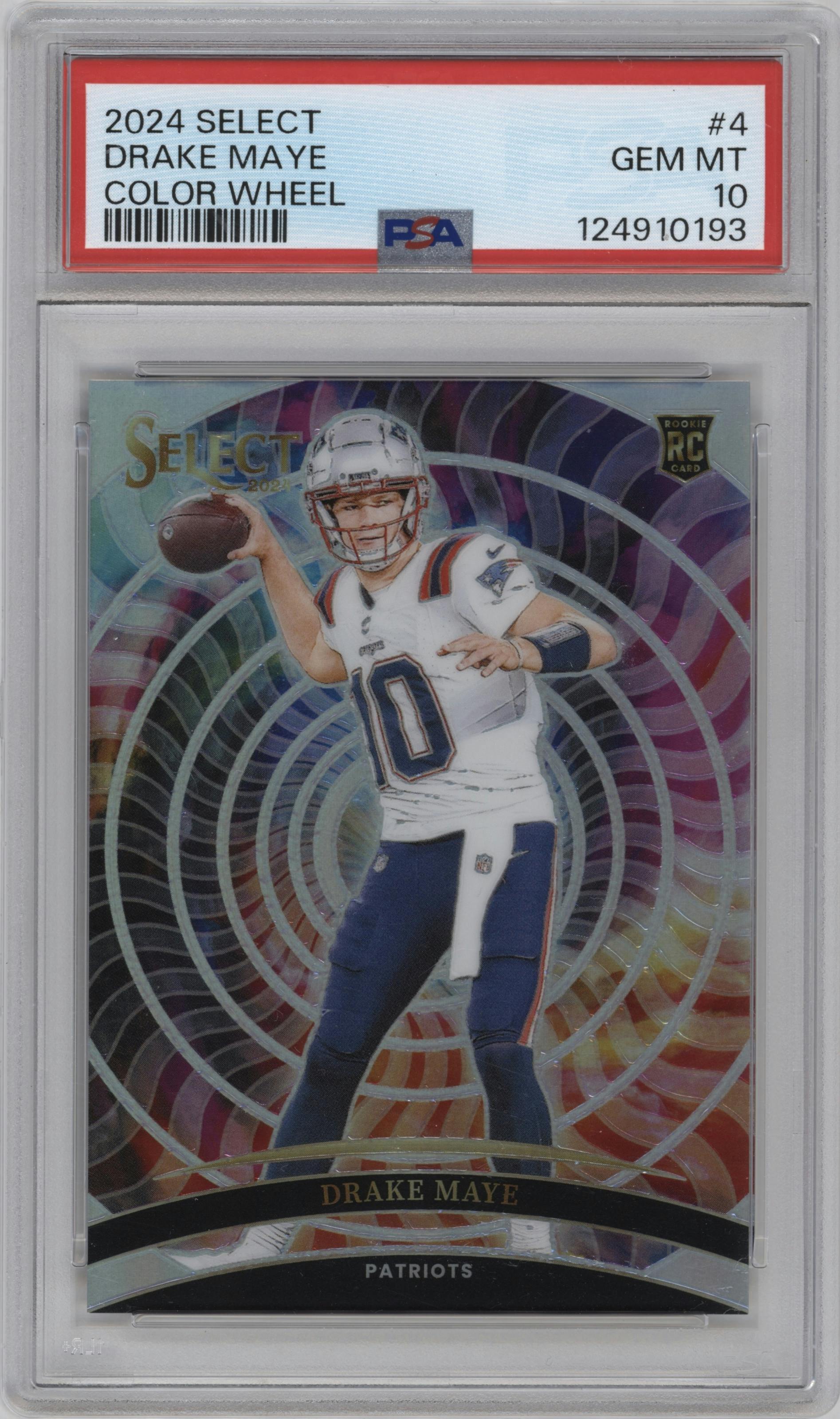 Drake Maye from the 2024 Panini Select set graded by PSA and given an overall grade of 10.
